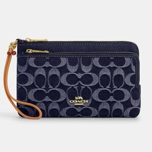Coach Double Zip Wallet In Signature Denim With Cherry Charm CZ321 NWT